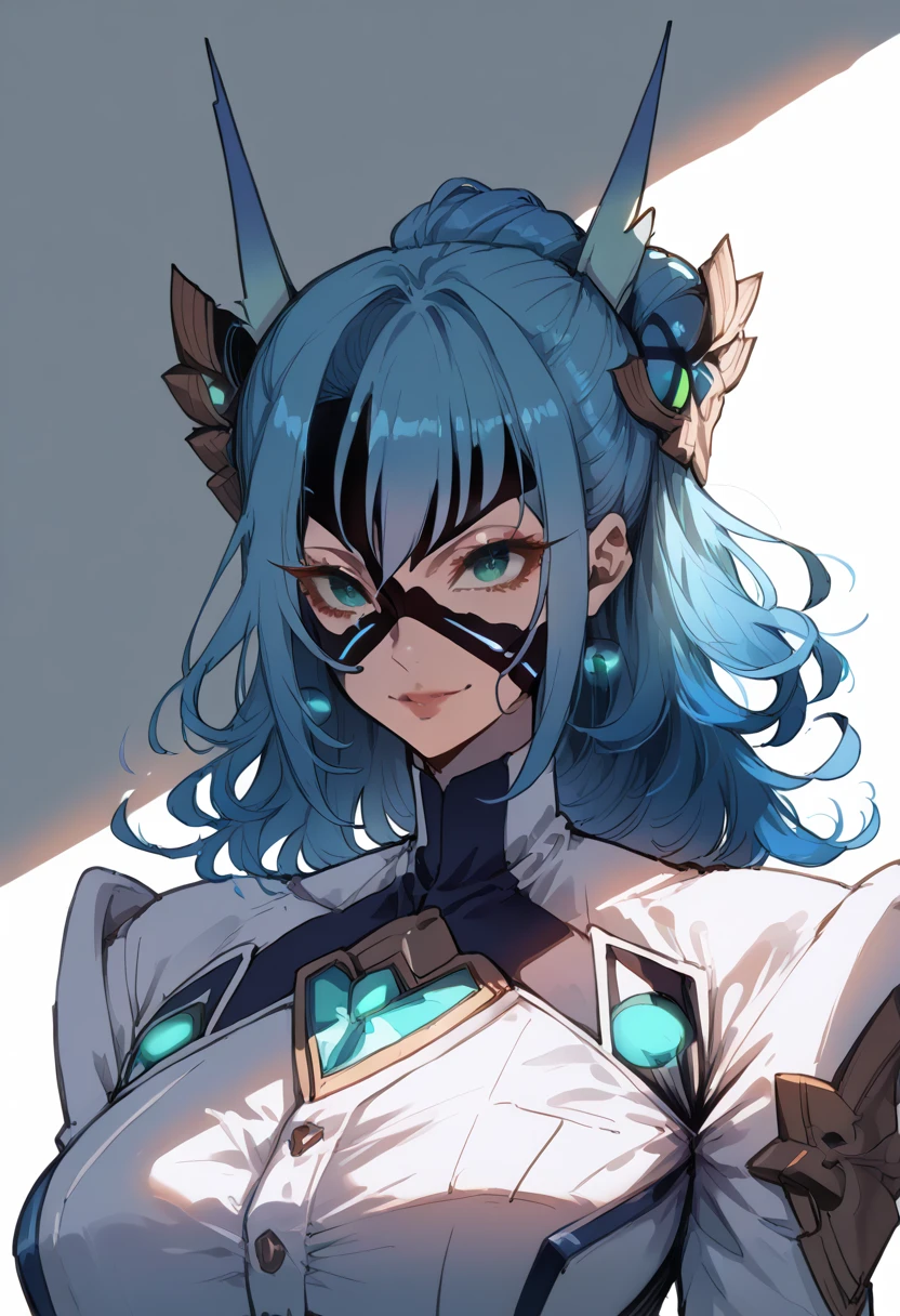 Mikumari \(Xenoblade\)masterpiece, Highest quality, ((1 person)),Blue Hair,Green Eyes,Serious expression, smile,Upper Body,Line art,Medium Hair,White blazer,Black T-shirt,Big Breasts,Bunhead,Two dumplings,Black Mask, Expressionless blue eyes,((Kubo Obito Style)) Detailed face, Face Focus, Are standing, Black Hair,(hair ornaments:1.35),office lady, Sleeves edged with ribbon, Removable sleeves, Ribbon trim, Wide sleeves, (View your audience:1.5) Long Hair, iris, bangs, lips,smile,grassland