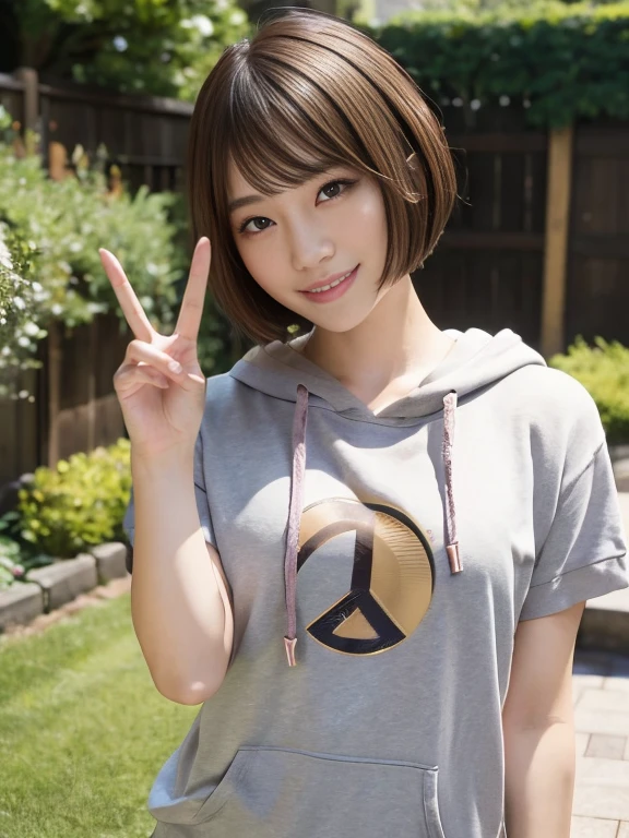 Smiling girl, (1 female), Short Bob Hair, 28 years old, Japanese, Brown eyes, Brown Hair, Slim figure, Mid-chest,
Short sleeve hoodie,garden,peace sign