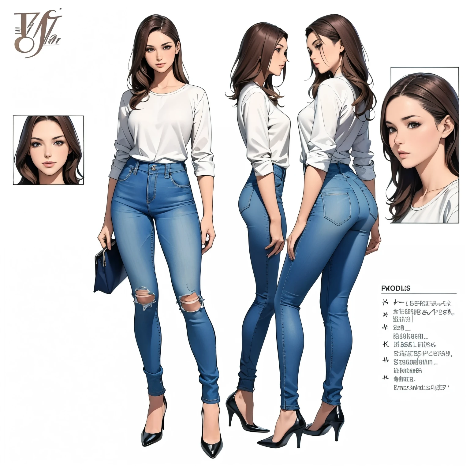 Detailed character sheet, Front view, Side view, Oblique view, with a white returnground, show women, 30 years old, with short dark brown hair combed return, Light casual clothing, Wear tight denim jeans. The seat includes different angles, Front desk etc.., return, and Side views, Model and Reference Sheets, Full body painting. The ratio is based on 7.5 Head Scale.