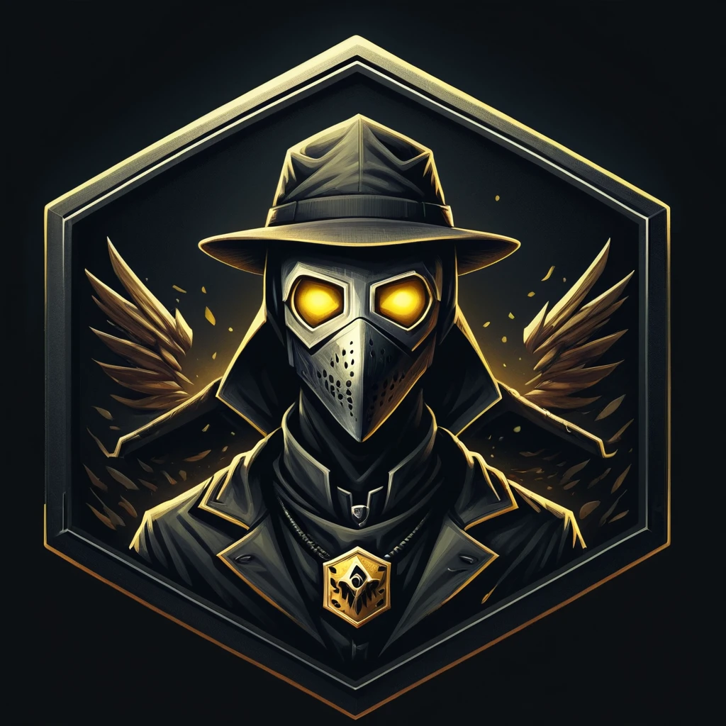 Badgetype,solo badge,counter strike2 type badge,solo,looking at viewer,yellow eyes,1boy,male focus,no humans,mask,glowing,black background,portrait,straight-on, plague doctor, simple background