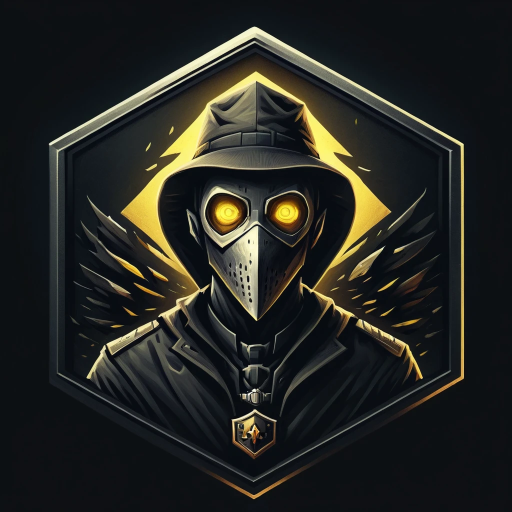 Badgetype,solo badge,counter strike2 type badge,solo,looking at viewer,yellow eyes,1boy,male focus,no humans,mask,glowing,black background,portrait,straight-on, plague doctor, simple background