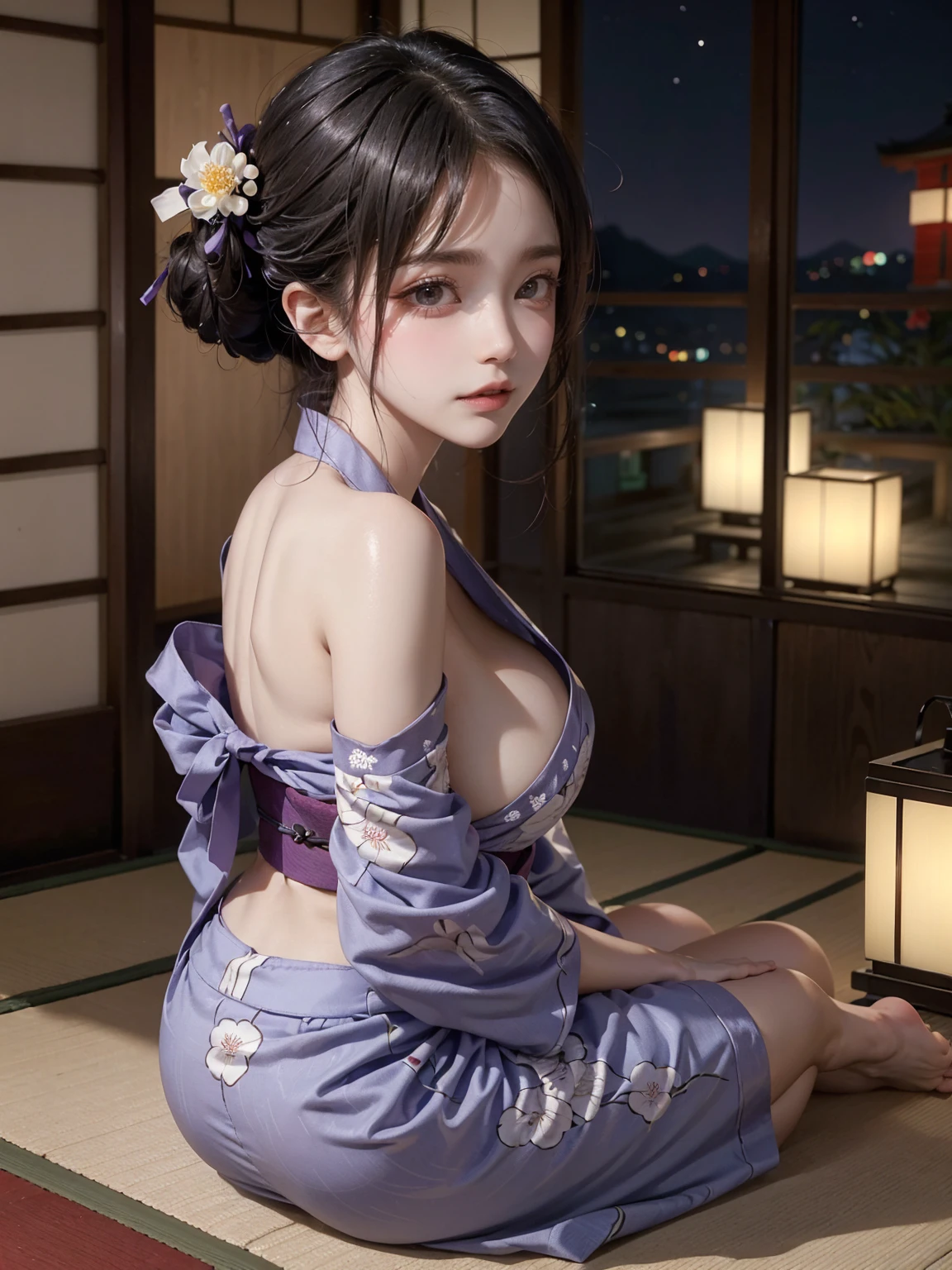 ((16K)),(masterpiece:1.3, Highest quality, Ultra-high resolution, Super detailed), (Realistic, photoRealistic:1.4), Perfect lighting, colorful, Depth of written boundary, Browsing Caution, Surrealism,photo shoot, No makeup, Film Grain, chromatic aberration, Sharp focus, Face Light,Beautiful detailed hair,((Beautiful eyelashes)), Beautifully detailed face, Beautiful fine details, Beautiful clavicle, Beautiful body, ((thin脚)),Beautiful breasts, Beautiful feet, Beautiful Hands, Cleavage,Pointed Chest, thin, 1 girl, Perfect Face, Long eyelashes,Perfect Anatomy, Supermodel with a long neck,((Skinny1.3)),looking at the camera,(Perfect Anatomy,Anatomically correct, Highly detailed skin), Shiny skin,((beautiful girl:1.1)),(( large breasts:1.4)),((Booty pose:1.3)),((wariza)),(Mid-length hair:1.4, Wavy Hair:1.2,Black Hair) ,See-through bangs,Dainty facial structure,((Surprised:1.3)),((wearing very elaborate (Light purple) yukata with traditional Japanese floral patterns:1.2)),((The yukata is short in length)), showcasing its vibrant and intricate design, Generate an image of a traditional Japanese inn (ryokan) room with a view of the night cityscape through the window. The room should have a bed and be decorated in a luxurious and elegant style, featuring traditional Japanese elements such as tatami mats, shoji screens, and intricate wooden details. The night view outside the window should include sparkling city lights and possibly a serene garden,((wide shot:1.4 )),
