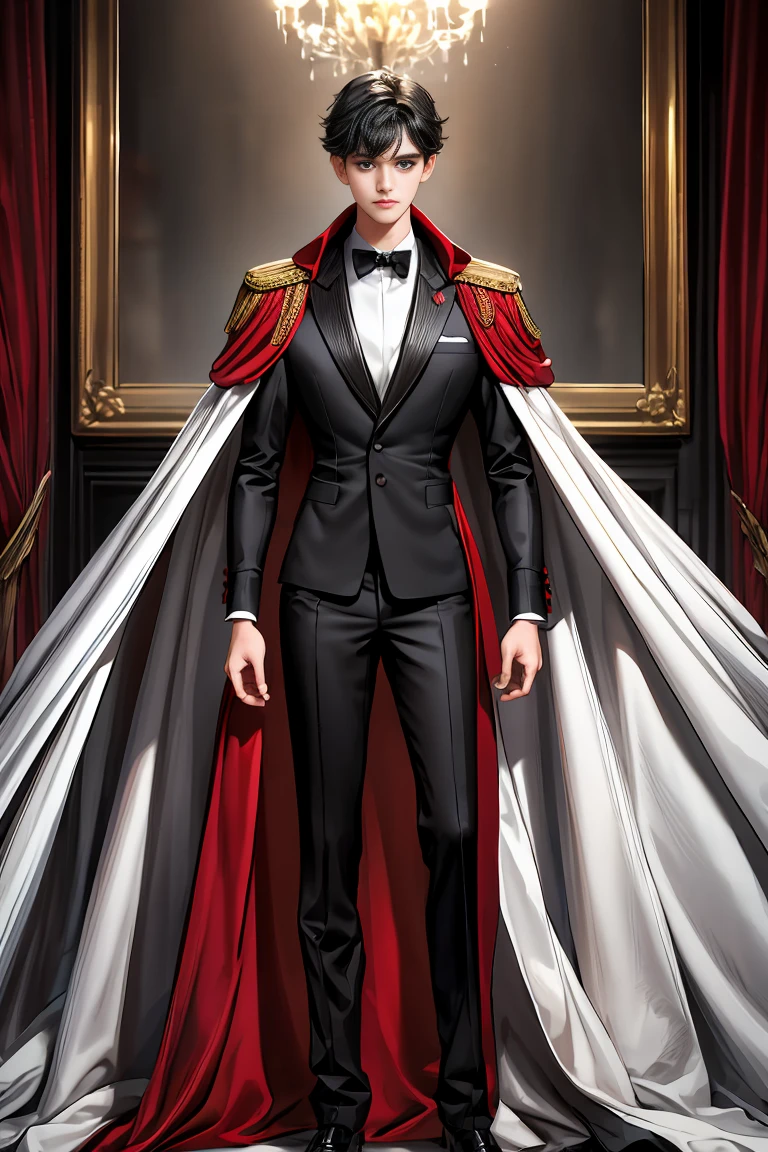 
masterpiece, 最high quality, high quality, 1 boy, alone, Male focus, Watching the audience,  Messy black hair, Adorable big blue eyes, White, Noble, Noble,A black and red cape that is bursting with sexy volume、Tuxedo、A very voluminous, large, very large, very large, long, long red and black cape with a high stand-up collar, made of a lot of fabric that reaches down to the floor., 17 years old,Cute beautiful boys,Cute, cute, kind, handsome guy