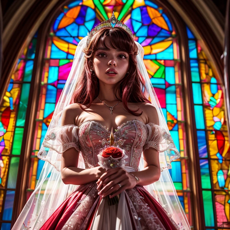 RubyRed, (ZoomedOut) ZoomLayer, TopQuality 8K masterpiece of ((Professional photo)), (((Lady Clarisse de Cagliostro))) (Detailed White WeddingDresses), ChainTiara, Extremely detailed KAWAII face, The background is distant ((Elaborate stained glass)) Rainbow Glass, MysticSight, GodRays, Radiant PearlSkin with Transparency, (Exposed:0.32)