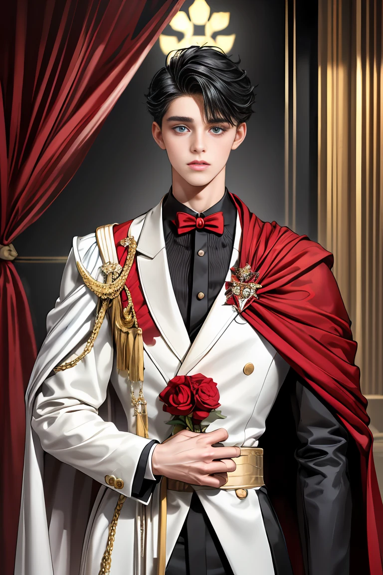 
masterpiece, 最high quality, high quality, 1 boy, alone, Male focus, Watching the audience,  Messy black hair, Adorable big blue eyes, White, Noble, Noble,A black and red cape that is bursting with sexy volume、Tuxedo、A very voluminous, large, very large, very large, long, long red and black cape with a high stand-up collar, made of a lot of fabric that reaches down to the floor., 17 years old,Cute beautiful boys,Cute, cute, kind, handsome guy