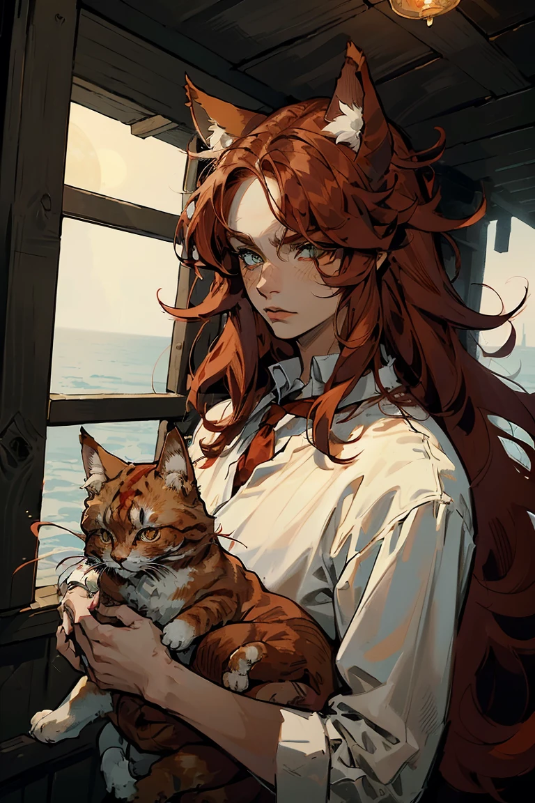 ((1 boy)), upper body, long red fluffy hair, ((red cat ears)), ears covered with hair, green eyes, long eyelashes, beautiful detailed eyes, White shirt, pirate setting, maritime atmosphere, (red cat tail), soft light, beautiful detailed nose, 8 K, masterpiece, I look at the viewer
