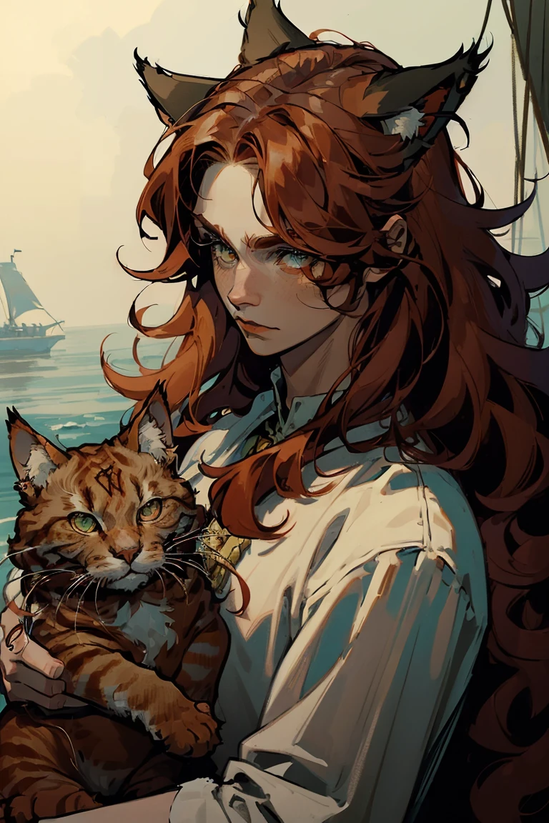 ((1 boy)), upper body, long red fluffy hair, ((red cat ears)), ears covered with hair, green eyes, long eyelashes, beautiful detailed eyes, White shirt, pirate setting, maritime atmosphere, (red cat tail), soft light, beautiful detailed nose, 8 K, masterpiece, I look at the viewer