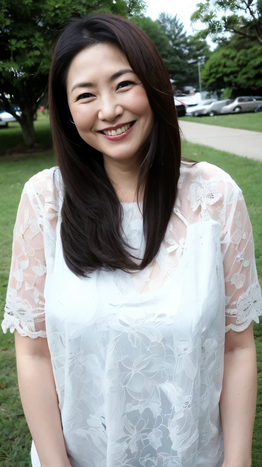 Standing in the park, Wrinkles around the eyes, Smiling with teeth showing, Plain short-sleeved clothing, senior citizen, Draw lips correctly, Red lipstick, No discomfort, 16K, Highest quality, Very detailed, Realistic, Very detailed肌, (Japanese), (alone), 100 years old, Large Breasts, , Glamour, sexy, Chromo White Skin, Staring straight ahead,