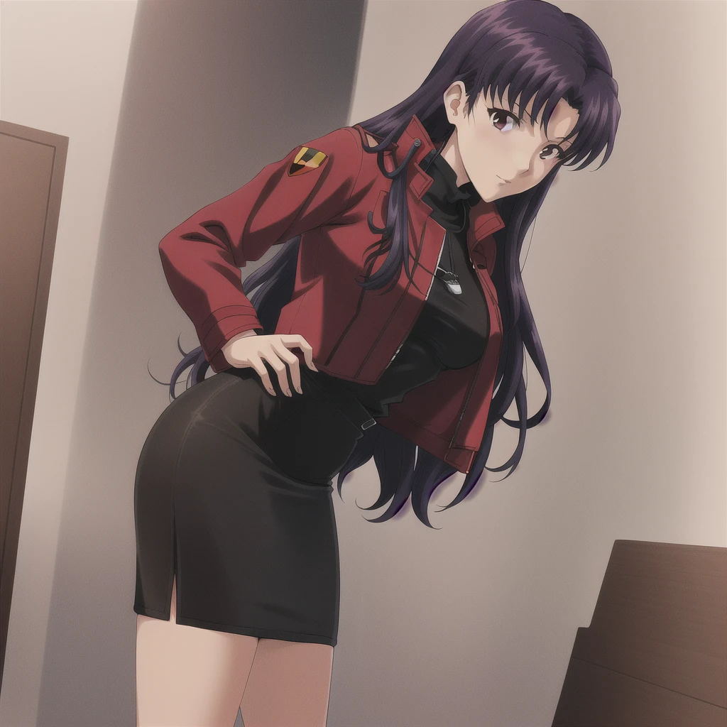 Katsuragi_Misato, 
1girl, solo, purple_hair, long_hair, katsuragi_misato, pencil_skirt, skirt, jacket, red_jacket,
high detail,Cinematic light, intricate detail,highres, high detail,detailed,best quality,