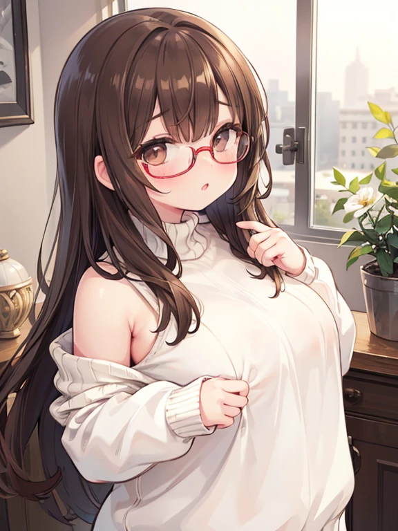 High-quality illustration, masterpiece, 1 cute chubby girl with beautiful realistic natural very small soft teen breasts, thick brown hair to the shoulder blades, Big shiny brown eyes, long eyelashes, Glasses, plump sensual lips, naked sweater, I don&#39;t wear panties because I don&#39;t want to, I don&#39;t wear a bra because I don&#39;t want to, rounded split hips, realistic pubic hair, Beautiful long bare feet, beautiful hands with graceful fingers; expression in Miyazaki style，black strokes，different emotions，8 K