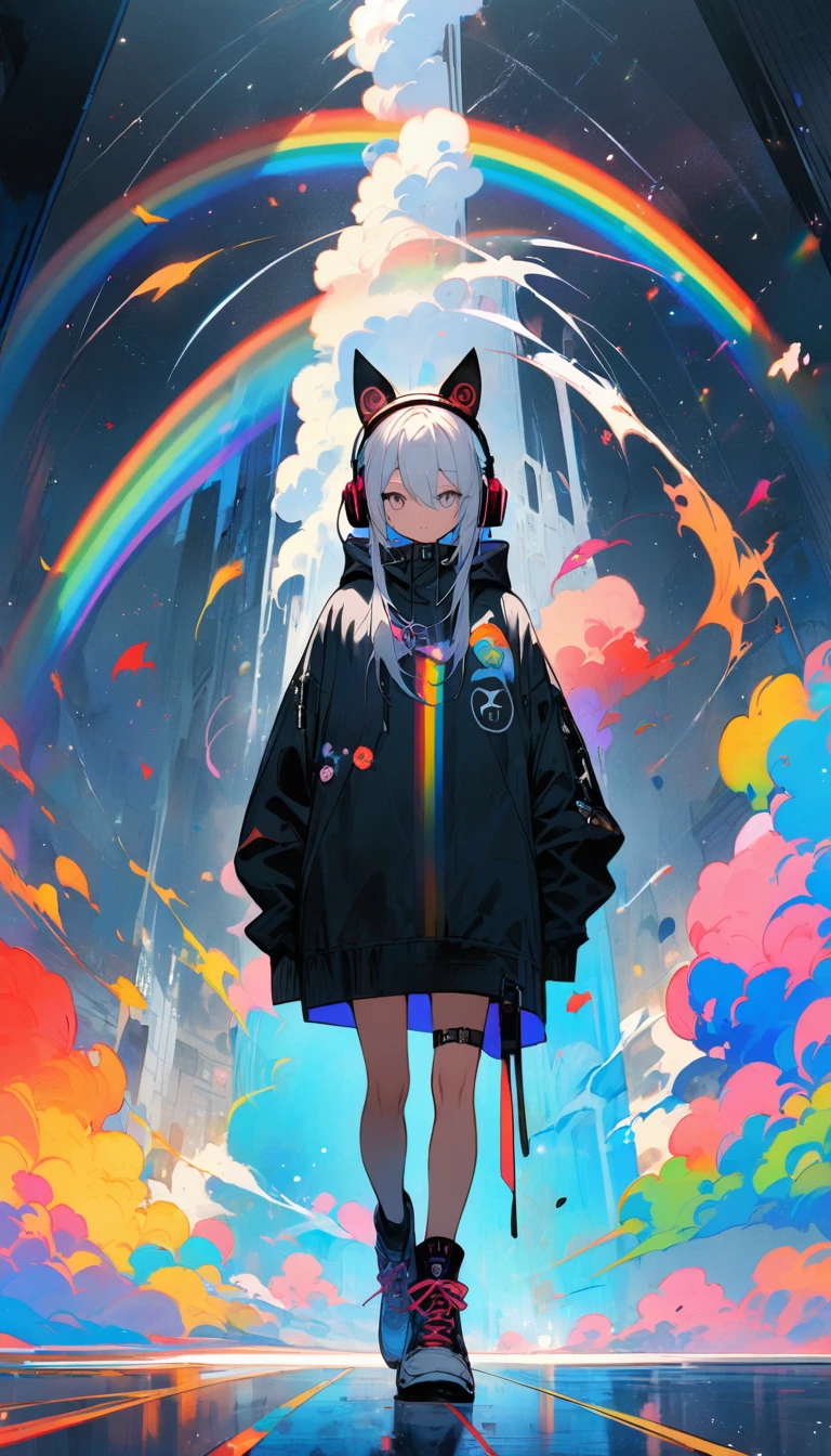 (masterpiece:1.2),(anime), White Hair:The tips of the hair are blue，Odd Eye，lack of light in the eyes，beautiful，Hooded cat ear hoodie，Oversized，sneakers，rainbow，rainbow彩，Headphoneusic，sing，There&#39;s no light in my eyes．