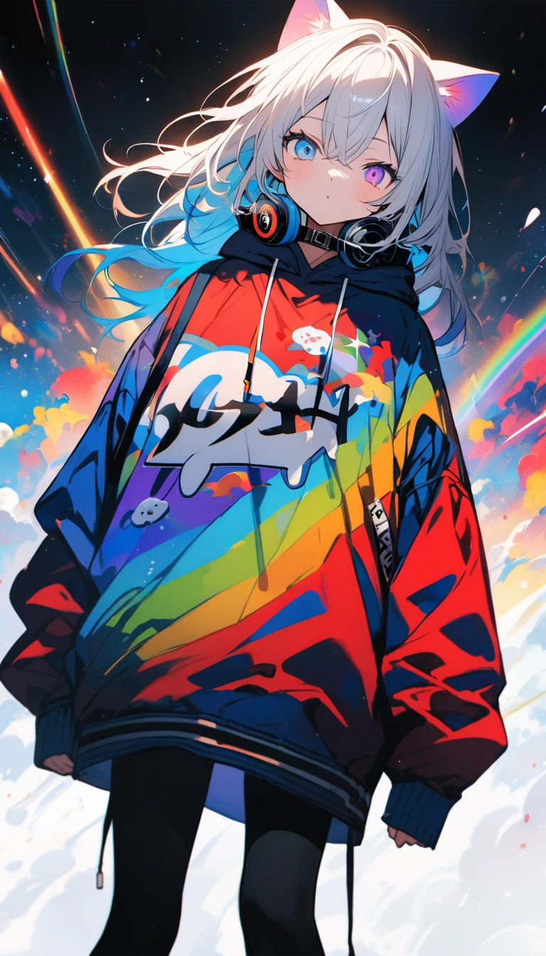 (masterpiece:1.2),(anime), White Hair:The tips of the hair are blue，Odd Eye，lack of light in the eyes，beautiful，Hooded cat ear hoodie，Oversized，sneakers，rainbow，rainbow彩，Headphoneusic，sing，There&#39;s no light in my eyes．