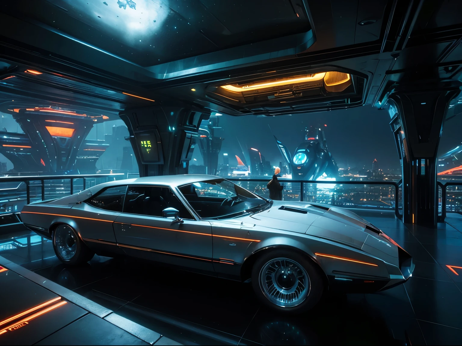 fantasy, ((Futuristic architecture)), ((Not Greg Rutkowski)), (Advanced technology), ((Retro-futurism)): Imperial Supersonic Chrysler, Retro design with 70s style, Flying over futuristic cityscape. motorvehicle&#39;Fashion, curve, Coupled with advanced propulsion technology, Creating a unique blend of old and new.