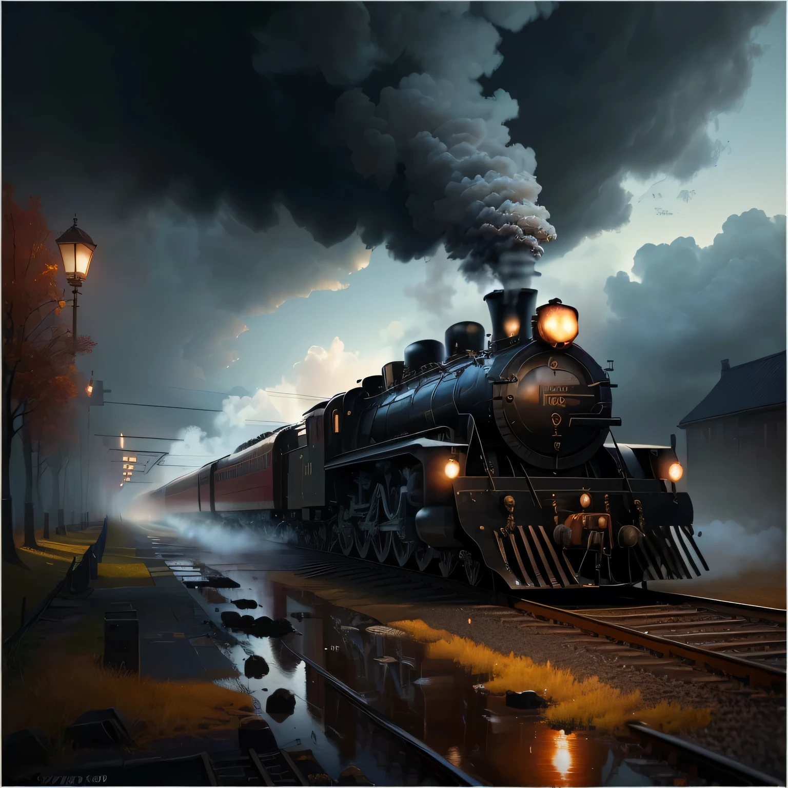 A painting of a steam train traveling through a forest, gothic locomotive, steam train, 8k high-definition detailed oil painting, incredible painting, amazing, steam trains, Train in the background, High quality digital, Detailed 3D Gothic painting, extremly detailed oil painting, Detailed 4k oil painting, Digital art high quality