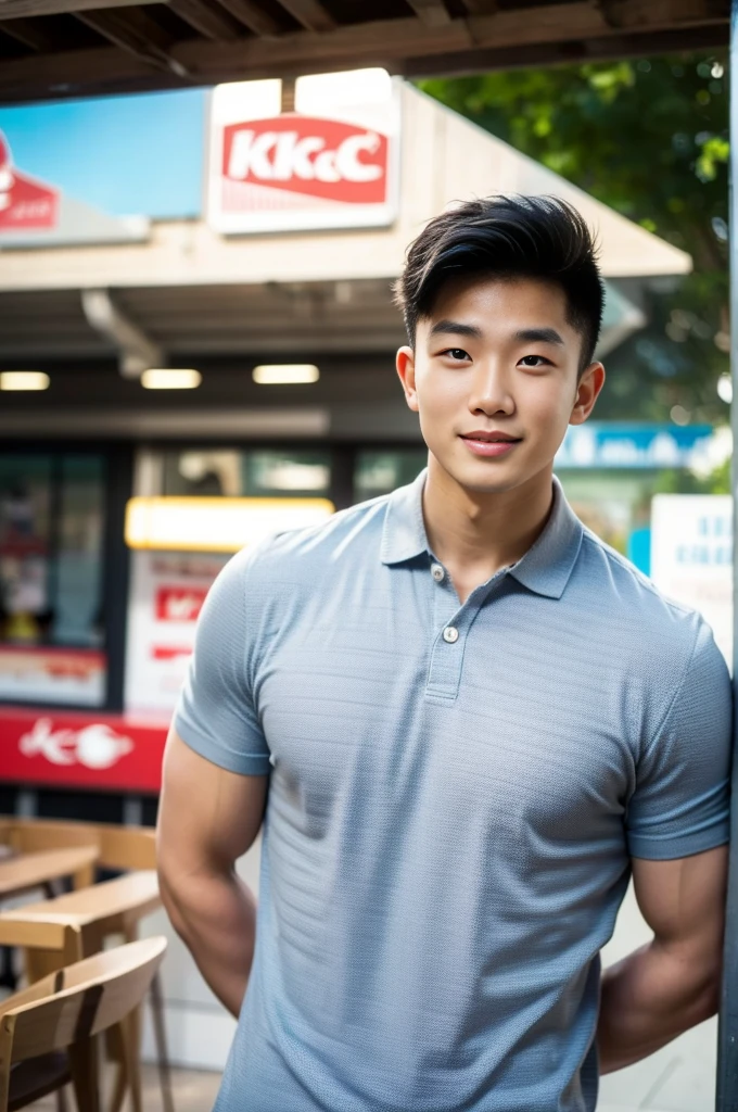 ((realistic daylight)) , Young Korean man in only a polo shirt, no stripes, and jeans., A handsome, muscular young Asian man looks at the camera.  , In the KFC store ,turn sideways, smile