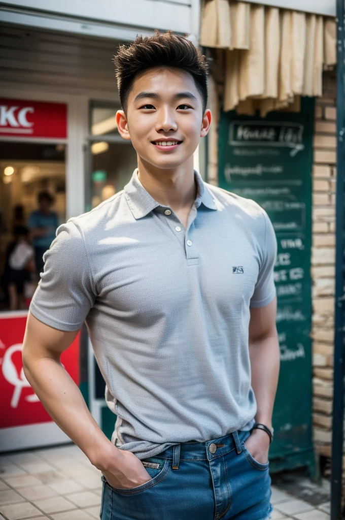 ((realistic daylight)) , Young Korean man in only a polo shirt, no stripes, and jeans., A handsome, muscular young Asian man looks at the camera.  , In the KFC store ,turn sideways, smile