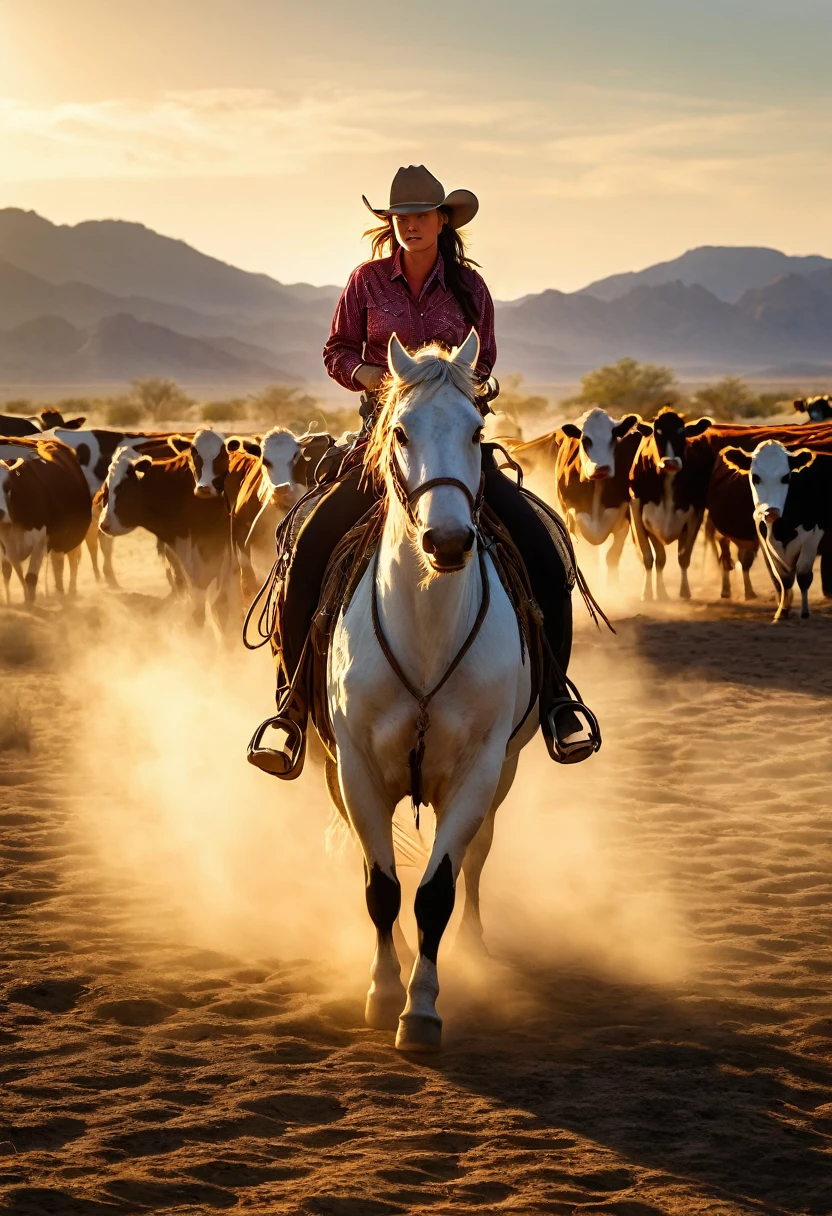  (horseに乗った西部のカウボーイ), Cowgirl, Cowboy hat, western drama、(Herd of cows:1.2)、Ranch、lasso, horse, sunset, desert, Action pose, Very detailed、Cinema Lighting,Dramatic Shadows,Vibrant colors,Dynamic configuration、(Highest quality,High resolution,masterpiece)