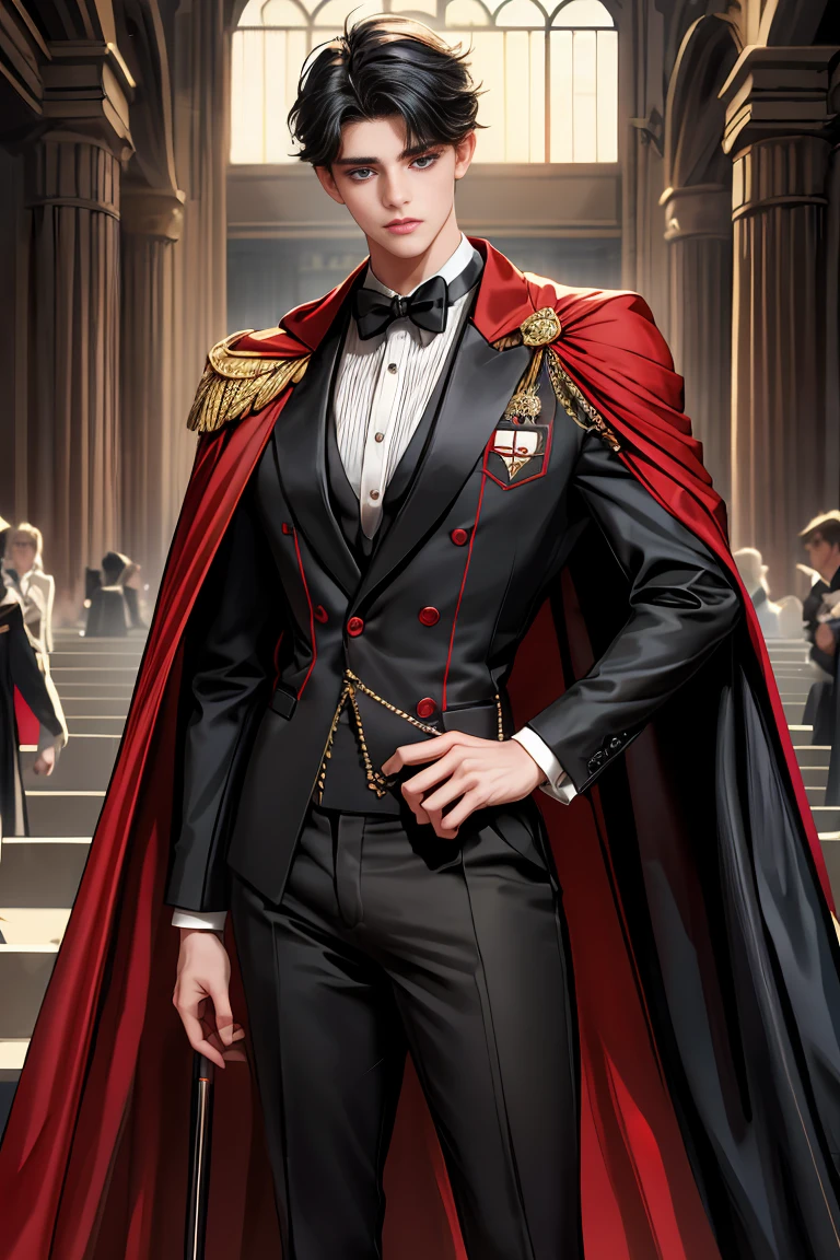 
masterpiece, 最high quality, high quality, 1 boy, alone, Male focus, Watching the audience,  Messy black hair, Adorable big blue eyes, White, Noble, Noble,A black and red cape that is bursting with sexy volume、Tuxedo、A very voluminous, large, very large, very large, long, long red and black cape with a high stand-up collar, made of a lot of fabric that reaches down to the floor., 17 years old,Cute beautiful boys,Cute, cute, kind, handsome guy