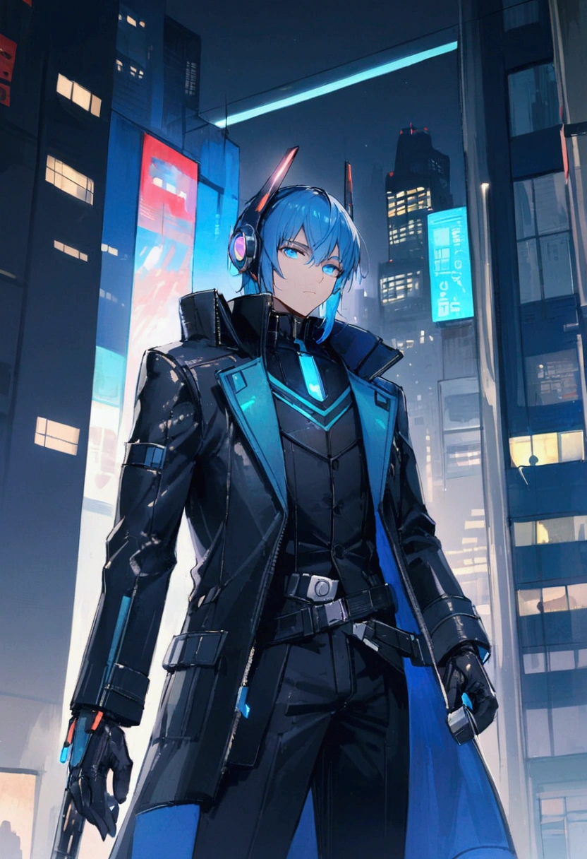A man with blue hair and blue eyes in a black suit stood alone with his back turned halfway in the middle of the city at night.