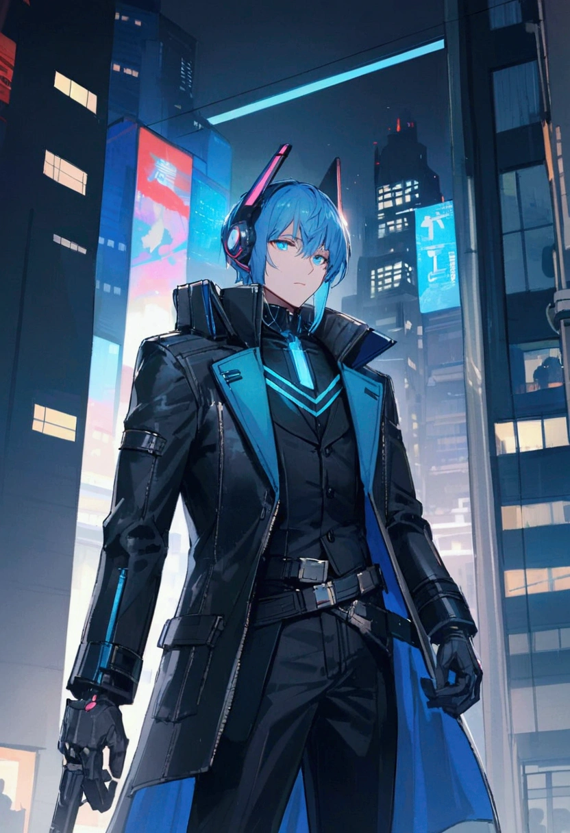 A man with blue hair and blue eyes in a black suit stood alone with his back turned halfway in the middle of the city at night.
