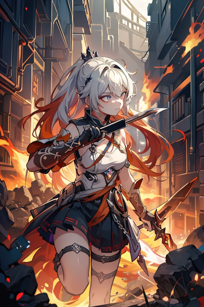 1 girl, Kiana, is a fiery and fierce warrior, known for her striking appearance and unmatched combat skills. She is often surrounded by a fiery aura, reflecting her inner intensity and passion. With her trusty sword and shield, she charges into battle, leaving a trail of flames in her wake. As a guardian of the realm, she wields the power of flame and light, illuminating the path for those she protects. Though her fierce exterior may intimidate, her kind heart and unyielding dedication to justice inspire loyalty and respect from her allies.
