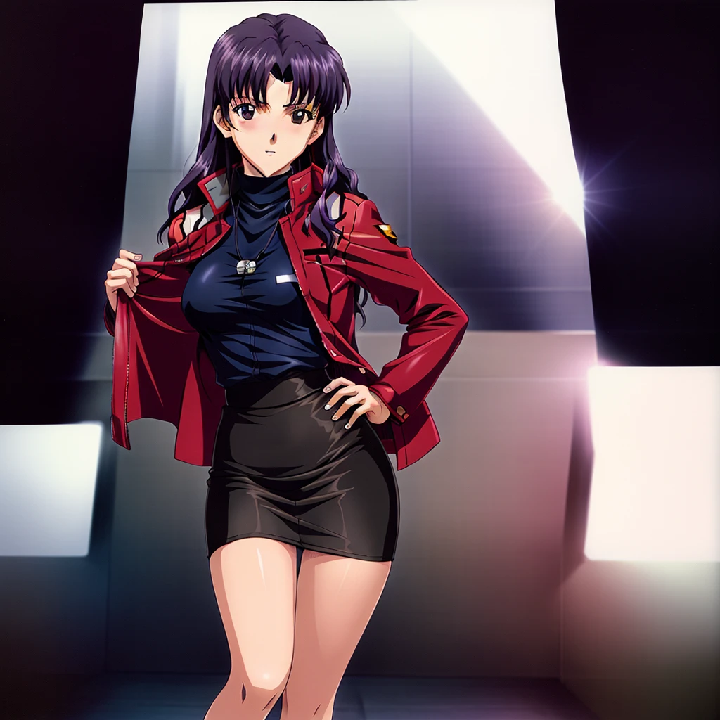 Katsuragi_Misato, 
1girl, solo, purple_hair, long_hair, katsuragi_misato, pencil_skirt, skirt, jacket, red_jacket,
high detail,Cinematic light, intricate detail,highres, high detail,detailed,best quality,