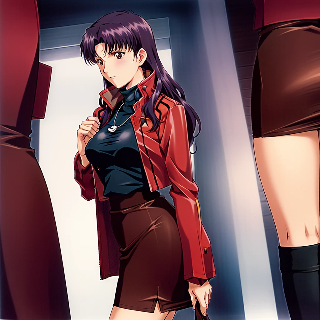 Katsuragi_Misato, 
1girl, solo, purple_hair, long_hair, katsuragi_misato, pencil_skirt, skirt, jacket, red_jacket,
high detail,Cinematic light, intricate detail,highres, high detail,detailed,best quality,