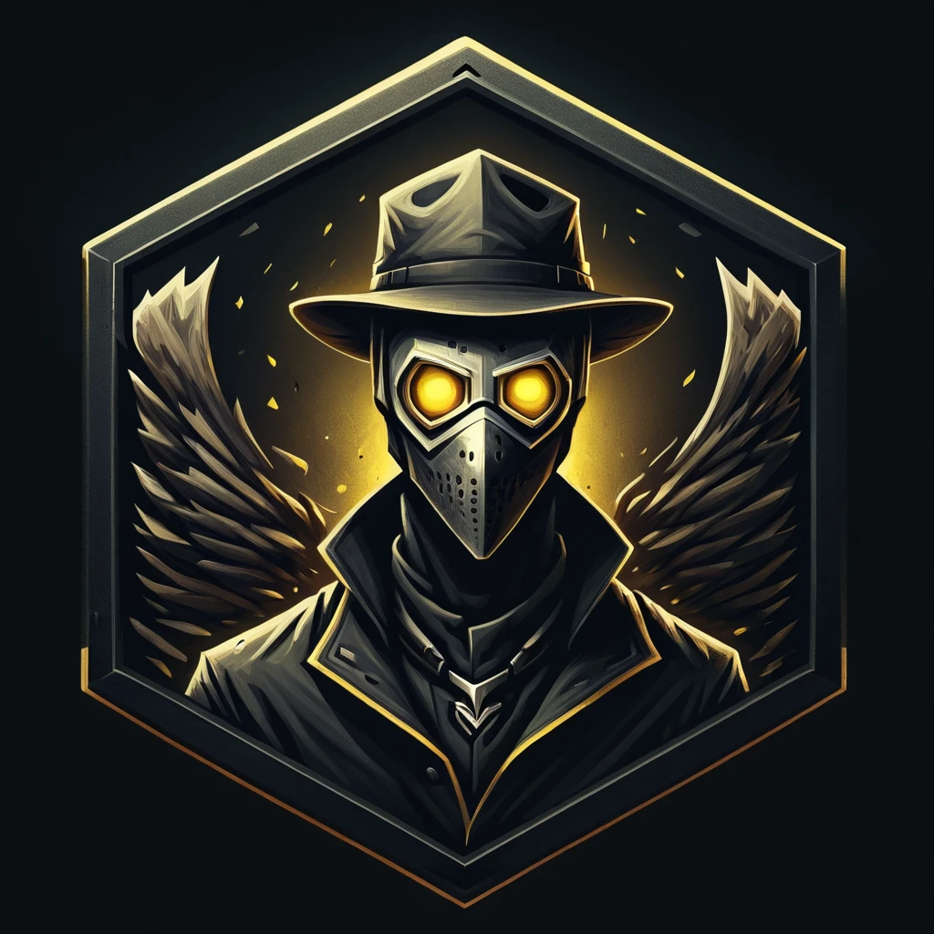 Badgetype,solo badge,counter strike2 type badge,solo,looking at viewer,yellow eyes,1boy,male focus,no humans,mask,glowing,black background,portrait,straight-on, plague doctor, simple background