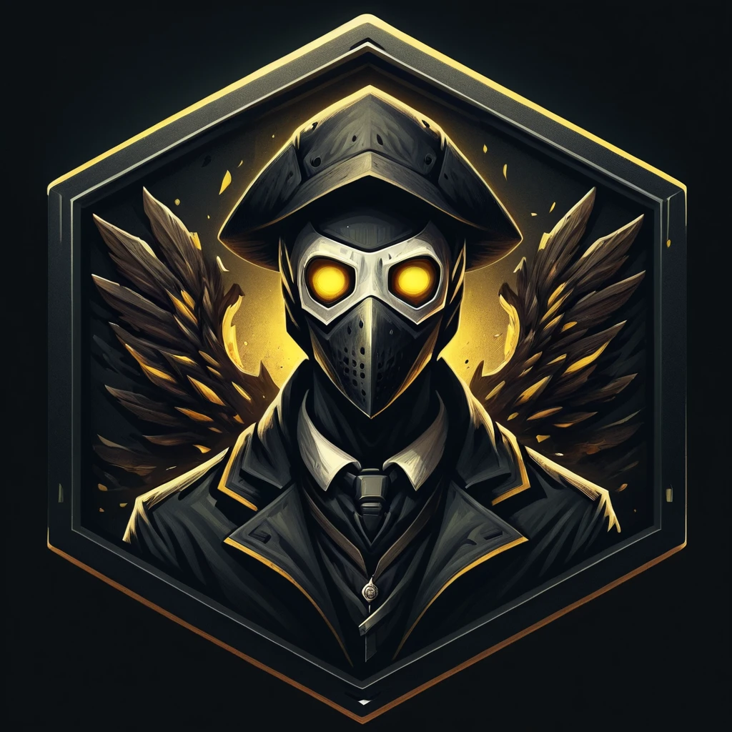 Badgetype,solo badge,counter strike2 type badge,solo,looking at viewer,yellow eyes,1boy,male focus,no humans,mask,glowing,black background,portrait,straight-on, plague doctor, simple background