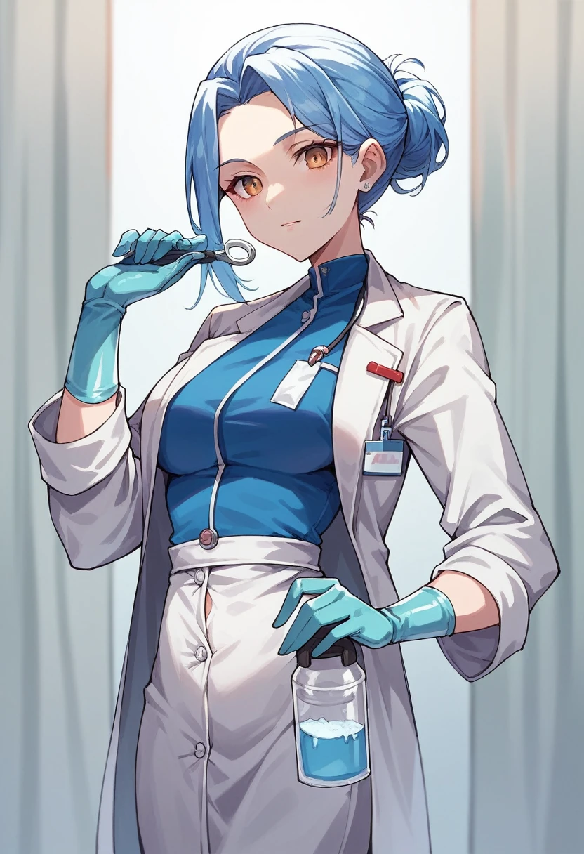 1girl, loremaster \(examtaker\), ((blue medical gloves)), ((surgical gloves)), ((latex gloves)), ((long sleeves)), looking at viewer, ((white doctor outfit)), standing, solo