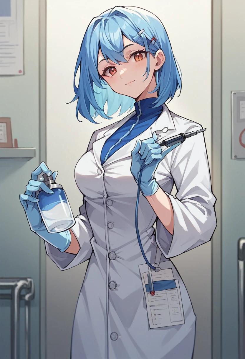 1girl, loremaster \(examtaker\), ((blue medical gloves)), ((surgical gloves)), ((latex gloves)), ((long sleeves)), looking at viewer, ((white doctor outfit)), standing, solo