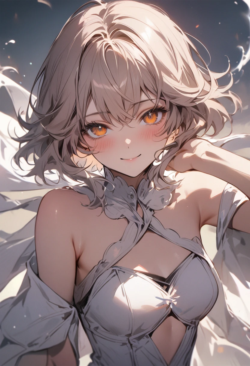 masterpiece, Highest quality, Su Shang V4, ass pov,Upper bodyfocus, ((Wuthering Waves_ dusty)),chest, dress, chestの谷間, Orange eyes, View your viewers, Exposing shoulders, white dress, medium chest, blush, Captivating smile,