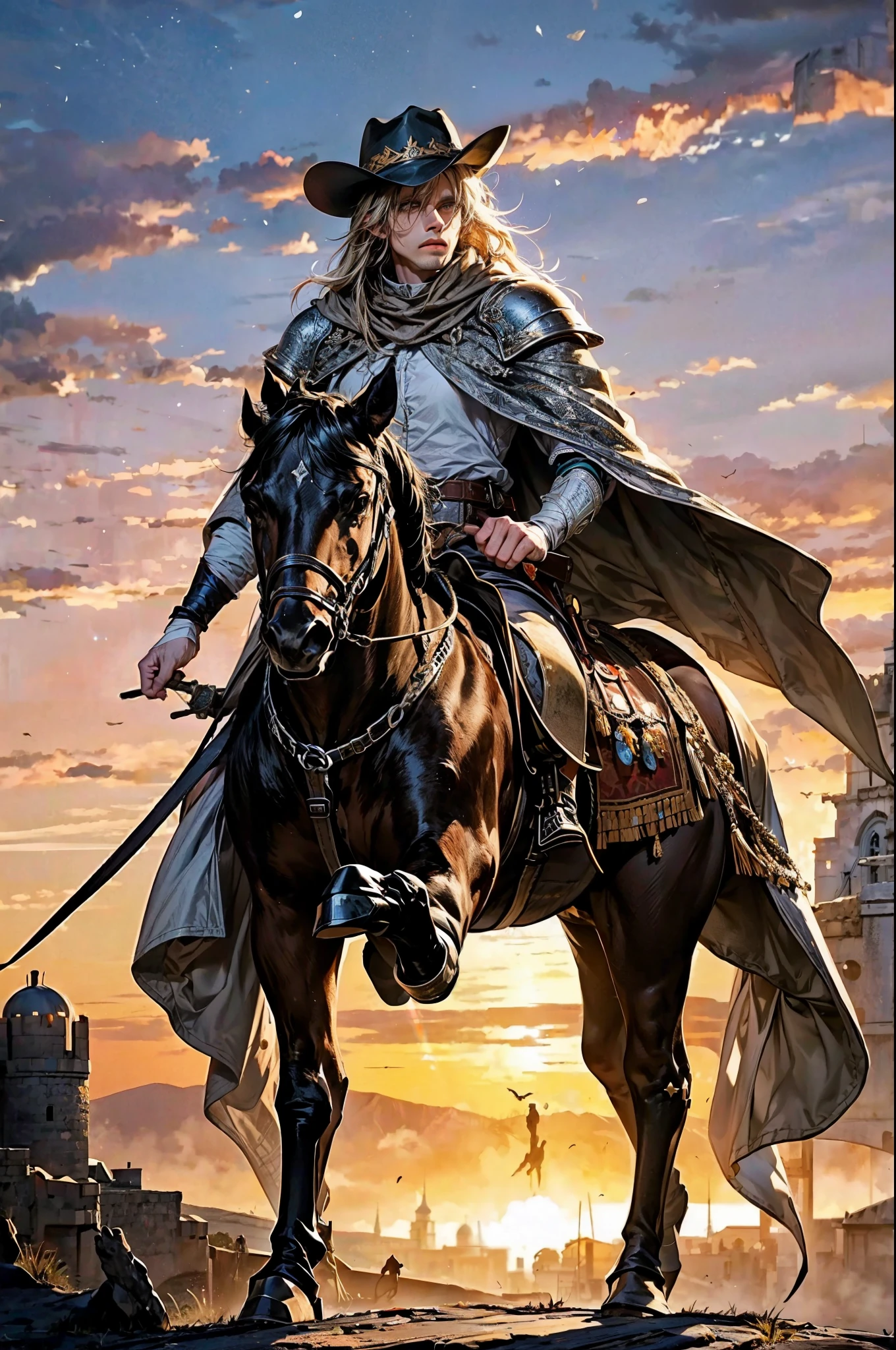 A striking fantasy art piece depicting a cowboy-knight hybrid, clad in a mix of medieval armor and cowboy attire. He wears a large, weathered cowboy hat, a chainmail shirt, and a cape that billows behind him like a cloak. His trusty steed, a majestic horse, stands beside him, adorned with armor as well. In the background, a mystical sunset casts a warm, golden light over a vast, desolate landscape with rolling hills and a distant castle.