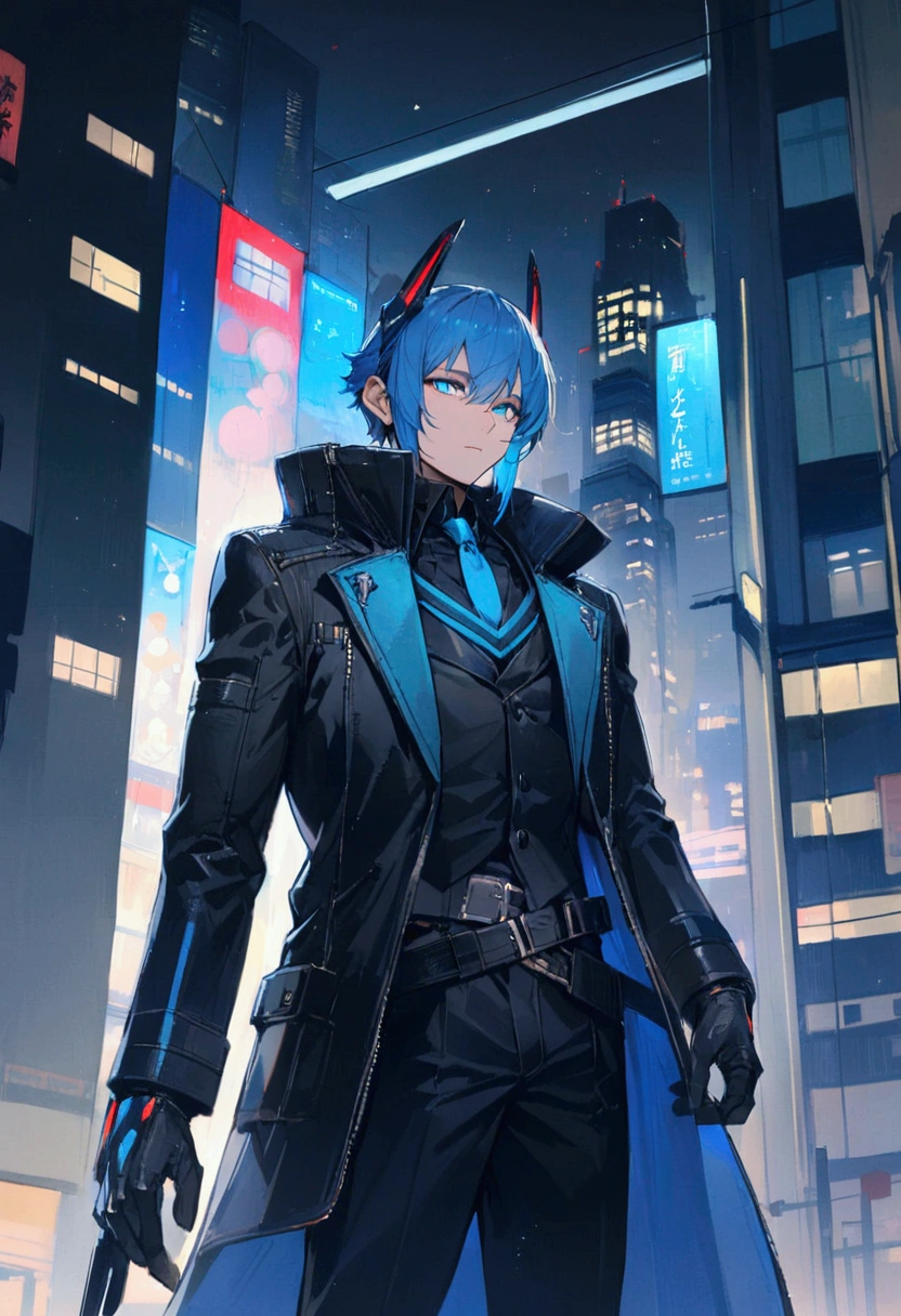 A man with blue hair and blue eyes in a black suit stood alone with his back turned halfway in the middle of the city at night.