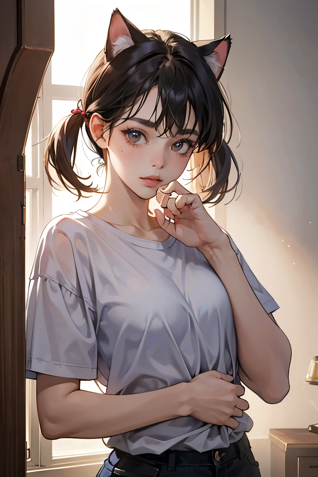Best quality, best resolution, detailed depiction, delicate depiction, diverse lighting, masterpiece, ultra-high resolution, photorealistic, best quality, 8K, perfect, a girl who is too cute like a cat, her pose is like an animal, a loose T-shirt,