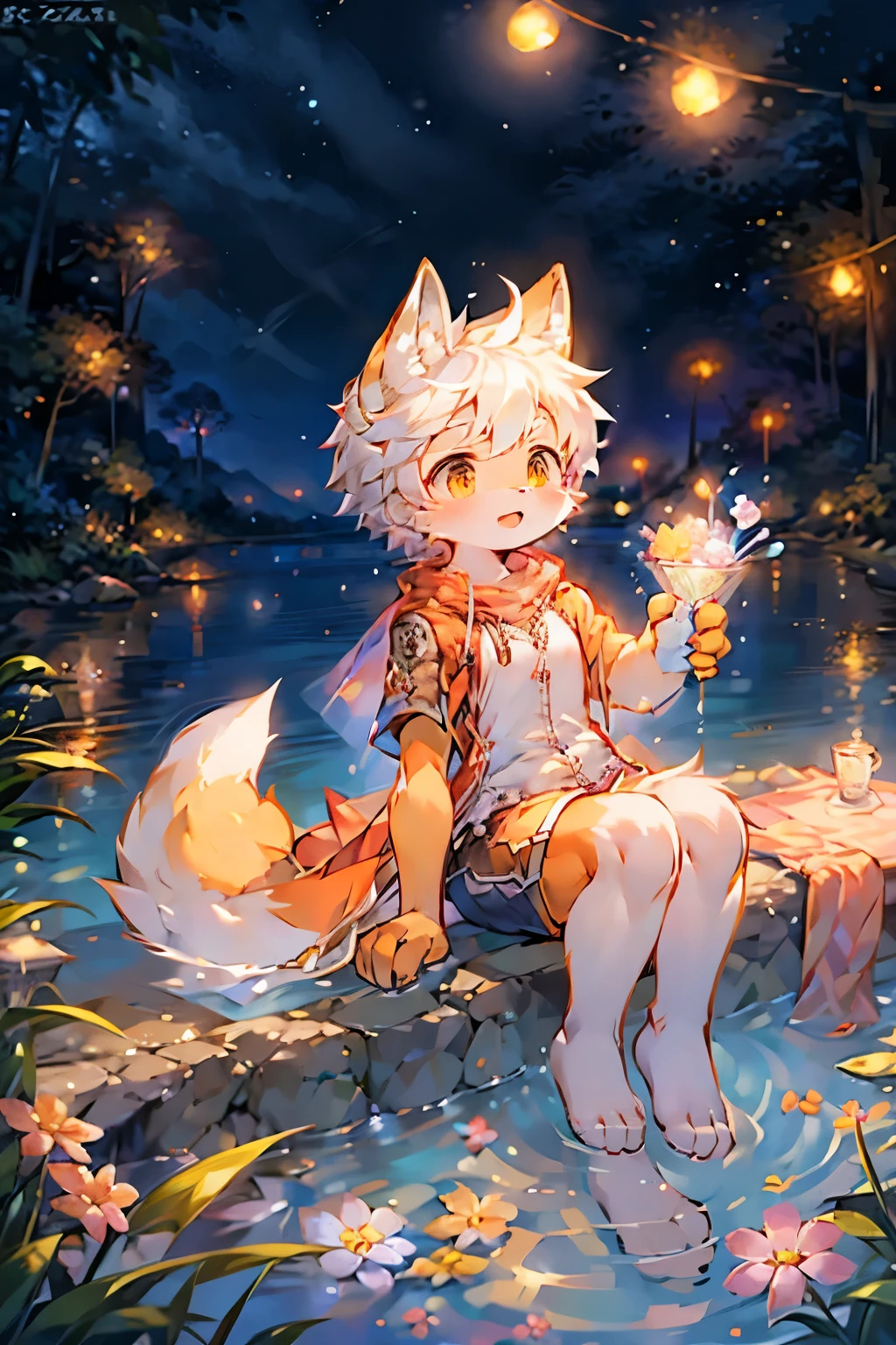 Lakeside bright background,Fox Girl,Furry girls,In and chilracteristics,Orange Skin,White hair,White Arm,Brave Suit,shorts,picnic,Falling Flowers