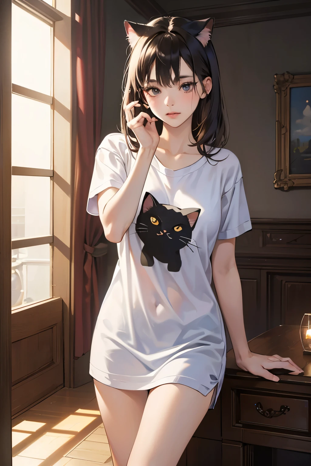 Best quality, best resolution, detailed depiction, delicate depiction, diverse lighting, masterpiece, ultra-high resolution, photorealistic, best quality, 8K, perfect, a girl who is too cute like a cat, her pose is like an animal, a loose T-shirt,