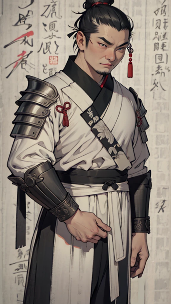 (((Monochrome)))、(((Ink Painting)))、Line art、Oriental、Ultra-high resolution、Game Poster、Crisp and beautiful image quality、ancient chinese hairstyle male、Embroidered cloth wrapped around a topknot、whole body ,(Ancient Chinese armor, Dragon head on shoulder, (Ancient Chinese armor with intricate pattern:1.2), gloves, Long trousers, (Very detailed, bloom:1.5), (Highest quality, Concept Art, 4K), (analog:1.2), (high sharpness), (Detailed pupil:1.1), Detailed face and eyes, masterpiece, Highest quality,8k,  (Black Hair, Dynamic Short Hair), (PurerosFace_v1:0.2), [:(Detailed face:1.2):0.2], sharp, Realistic Shadow, 