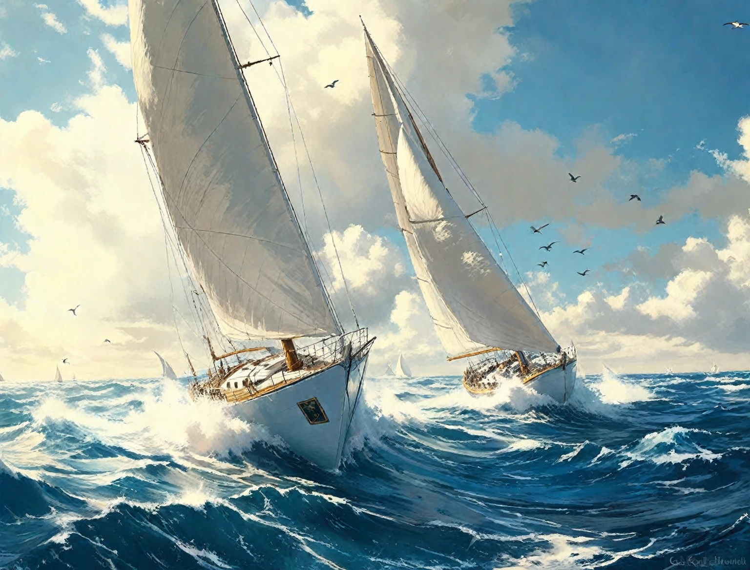 painting of two sail船 in the ocean with birds flying around, sail船 soaring in the wind, sail船, riding the wave, on the sea, sail船, sail, sail船, sail船, ships with sail, Carl Eugene Kiel (Carl Eugen Keel) of inspiration, author:Igor Grabar, In the rough sea, author:Brian Thomas, torn sail