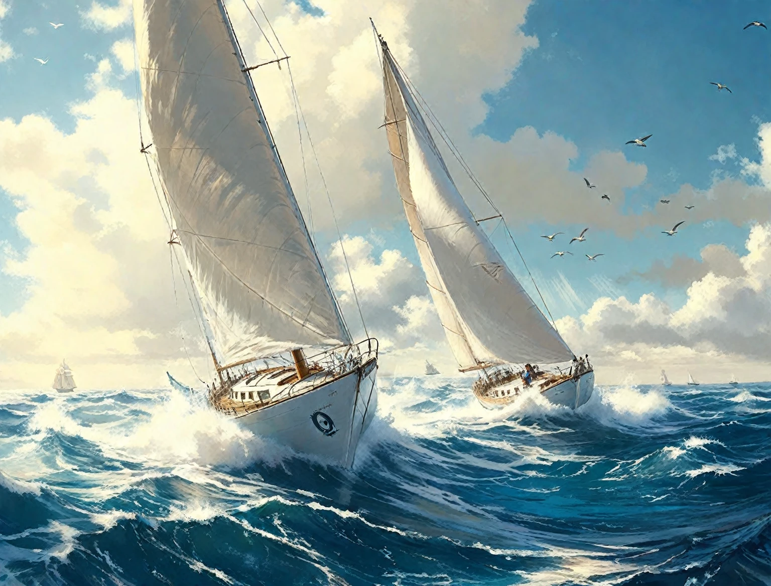 painting of two sail船 in the ocean with birds flying around, sail船 soaring in the wind, sail船, riding the wave, on the sea, sail船, sail, sail船, sail船, ships with sail, Carl Eugene Kiel (Carl Eugen Keel) of inspiration, author:Igor Grabar, In the rough sea, author:Brian Thomas, torn sail