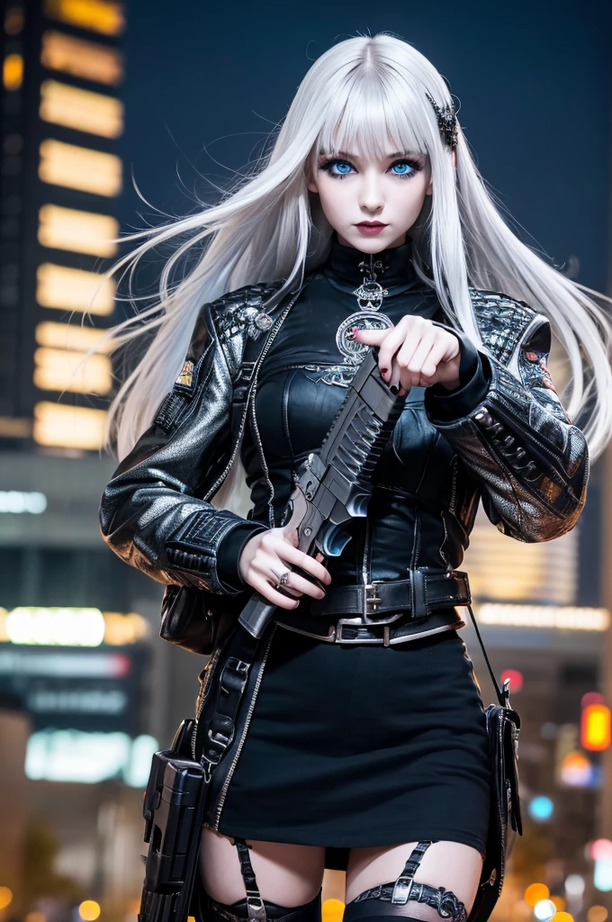 maximalism, 1 girl, she is wearing gothic punk cloths, she is long silver hair and blue eyes, she is pointing us with holding the GLOCK19 handgun, motion blur, high speed shutter, large cyber city in the background, masterpiece, absurdres, highres, ultra detailed illustration 