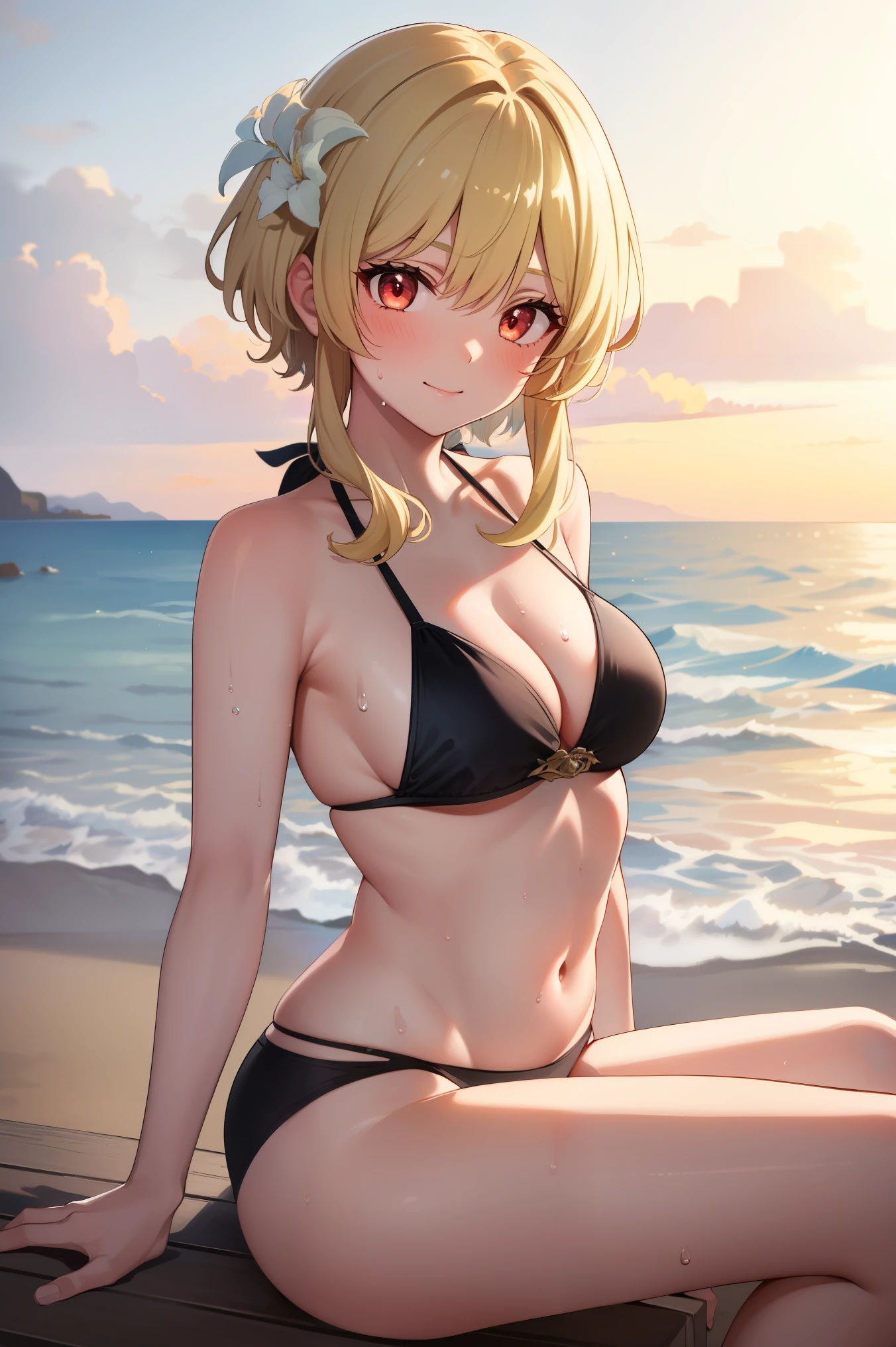1girl, light smile, photography pose, solo, luminedef, cleavage, (glowing red eyes)
BREAK (center opening, navel, bikini), butt, ass, butt posture
BREAK (perspire,Sweat a lot,Blushlush,Be red in the face,Blushlush),sitting at beach, butt pose, view at viewer,
BREAK ((top quality, 8k, masterpiece: 1.3, ultra hd, high quality, best quality, high definition, realism)), sharp focus: 1.5, Beautiful woman with Slim body, (perfect hands, perfect anatomy)