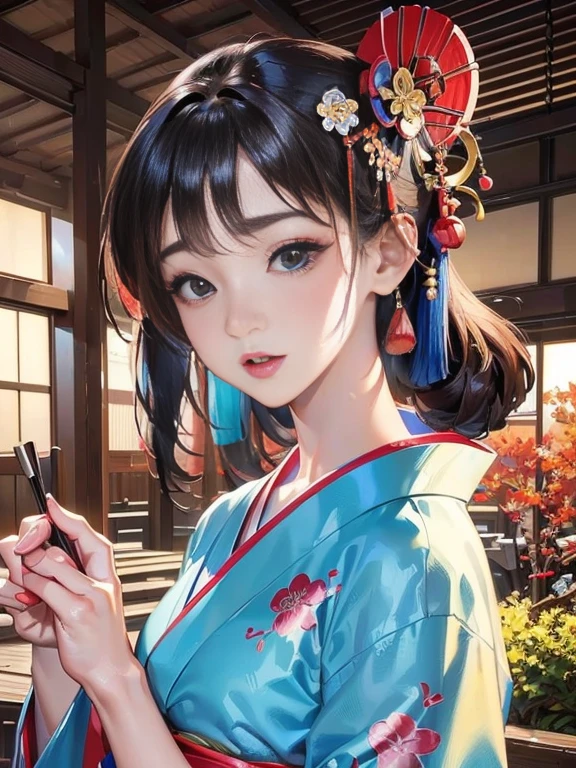(Highest quality、 8k 、masterpiece、High resolution)、 Japanese painting、Vibrant colors、A woman wearing a kimono、Hands on chest、(Highly detailed face and eyes,Beautiful Face,Beautiful Eyes,Beautiful nose,Pretty lips)、Dynamic painting technique、Japanese garden、Autumn scenery、autumn leaves、Starry Sky、Detailed Description、