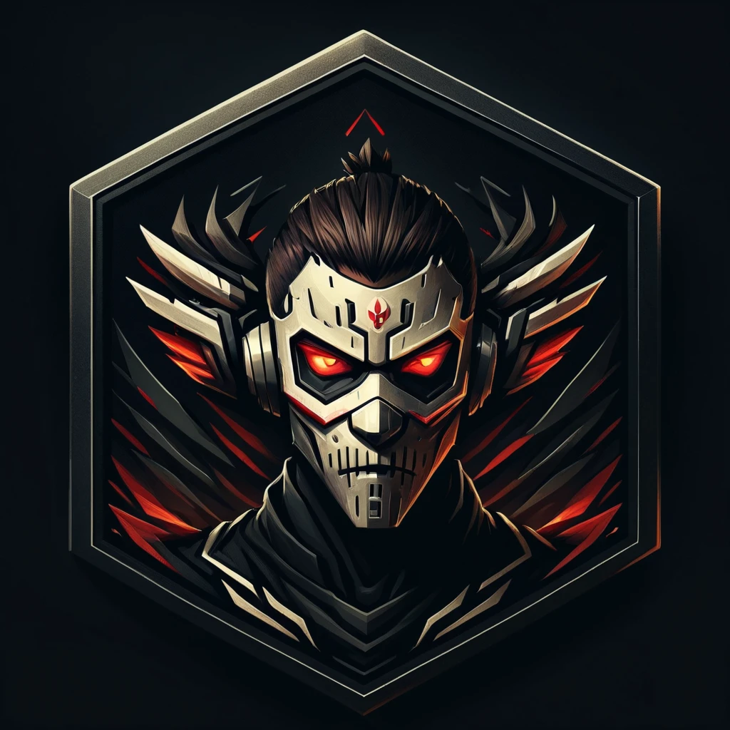 Badgetype,solo badge,counter strike2 type badge,solo,looking at viewer,red eyes,1boy,male focus,no humans,mask,glowing,black background,portrait,straight-on, oni mask, simple background