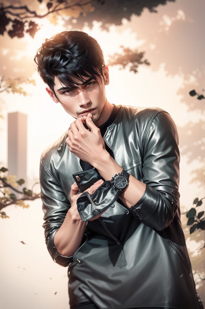 Black jacket, stylish hair, backround change