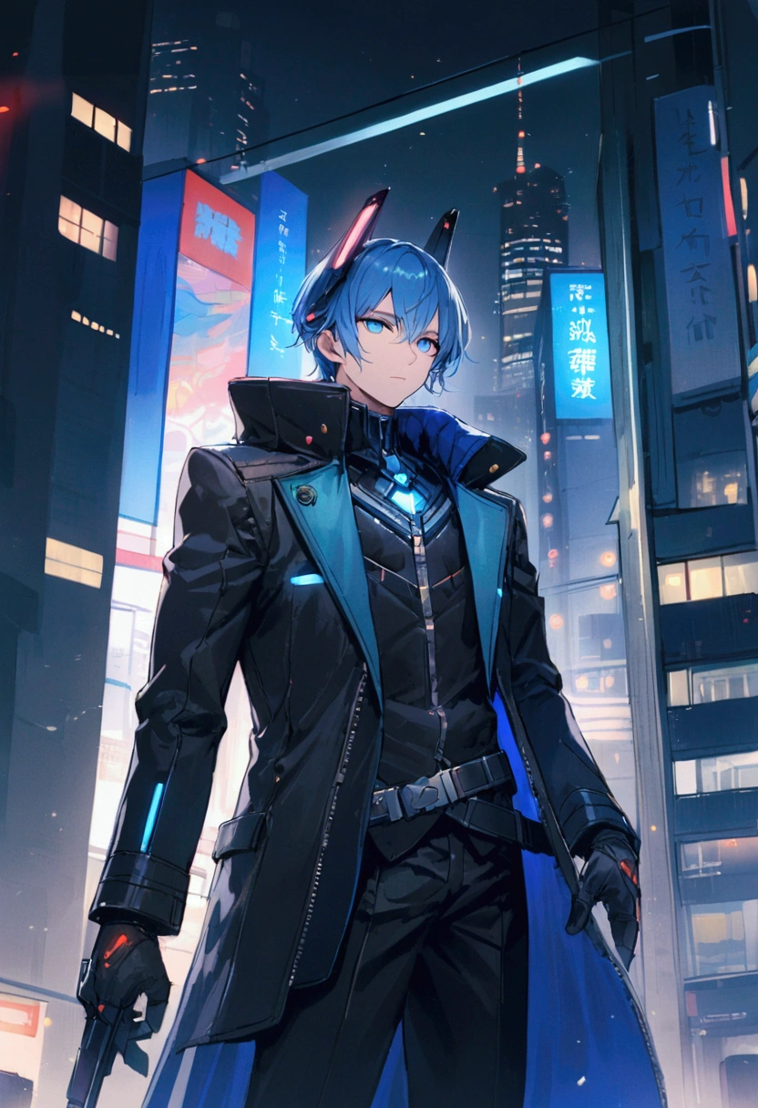 A man with blue hair and blue eyes in a black suit stood alone with his back turned halfway in the middle of the city at night.