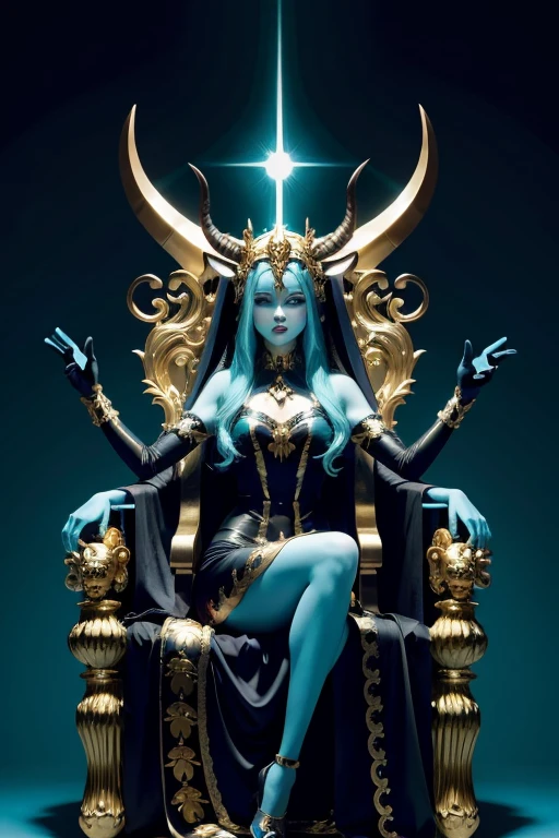 Humanoid creature, extra arms, golden horns, cyan eyes, black dress, sitting on a throne with skulls