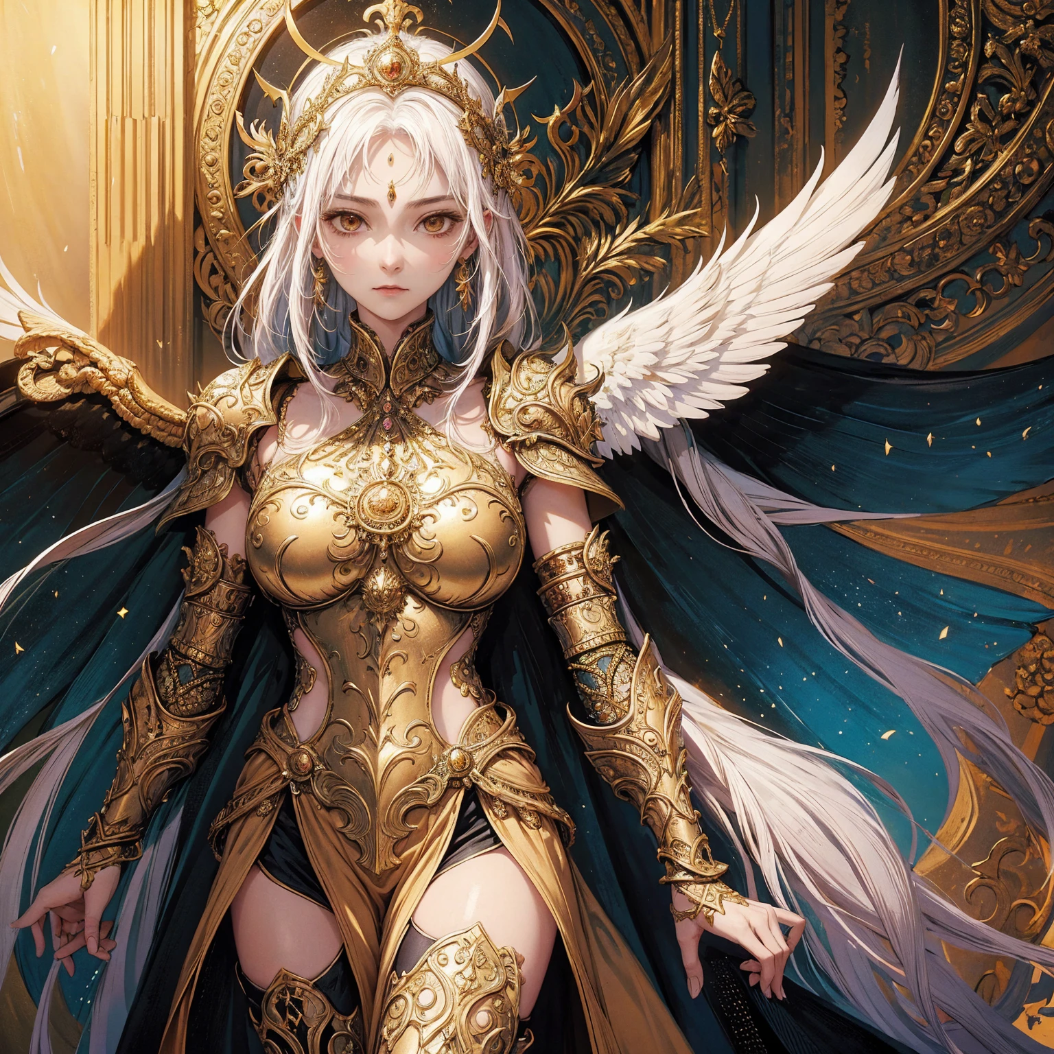 Art of middle age woman wearing sun crown, wearing ornate breastplate that exposes a small amount of skin above the chest, a pair of armored angelic golden wings spread out behind the woman, ancient goddess art, Sacredness. Very detailed, Mysterious inspiration, Inspiration from the Sun God, Religious inspiration, Cold and snobbish face, No smile, Dangerous impersonal expressions, White hair, Standing, Full body portrait, Gothic art style, Weird art style, Occult art
