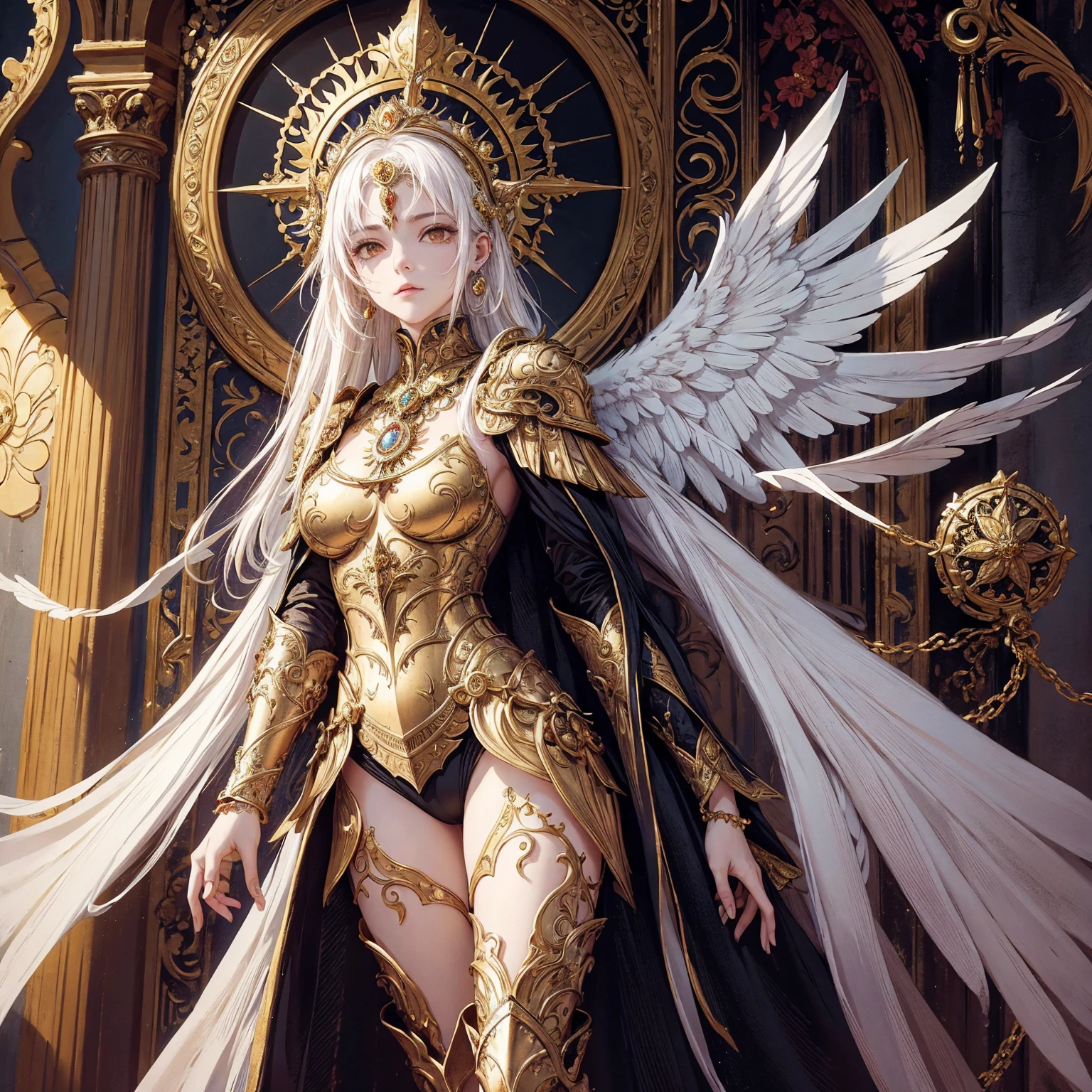 Art of woman wearing sun crown, wearing ornate breastplate that exposes a small amount of skin above the chest, a pair of armored angelic golden wings spread out behind the woman, ancient goddess art, Sacredness. Very detailed, Mysterious inspiration, Inspiration from the Sun God, Religious inspiration, Cold and snobbish face, No smile, Dangerous impersonal expressions, White hair, Standing, Full body portrait, Gothic art style, Weird art style, Occult art