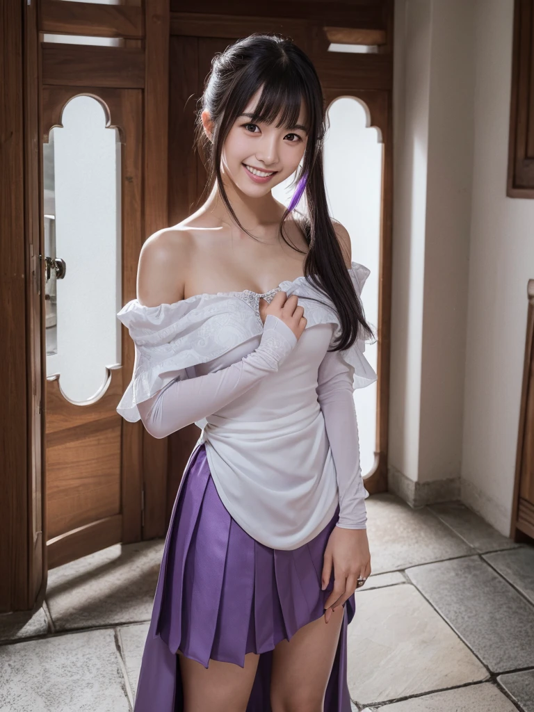 a very beautiful japanese girl, very cute high school girl assassin, detailed portrait of innocent 16 year old virgin, in front of a lord's manor at the main entrance, (off-shoulder silver breastplate), (purple long slit skirt:1.2), (purple arm cover, silver booties), ((full body, standing, show you around her house:1.1)), ((a coquettish smile, white teeth, open mouth:1.2)), greeting, blushing, fidgeting hands, translucent skin, small breasts, cleavage, glossy straight medium black hair, asymmetrical bangs, ((best quality, 4k, 8k, highres, masterpiece, ultra-detailed, realistic, photorealistic, photo-realistic, intricate detail, highly realistic:1.3)), dramatic lighting, muted color palette, cinematic composition, emotional portrait